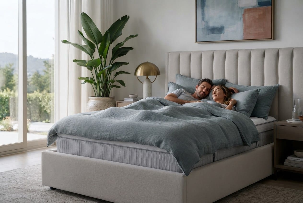 Couple sleeping soundly on the Grounding Mattress in a bright bedroom