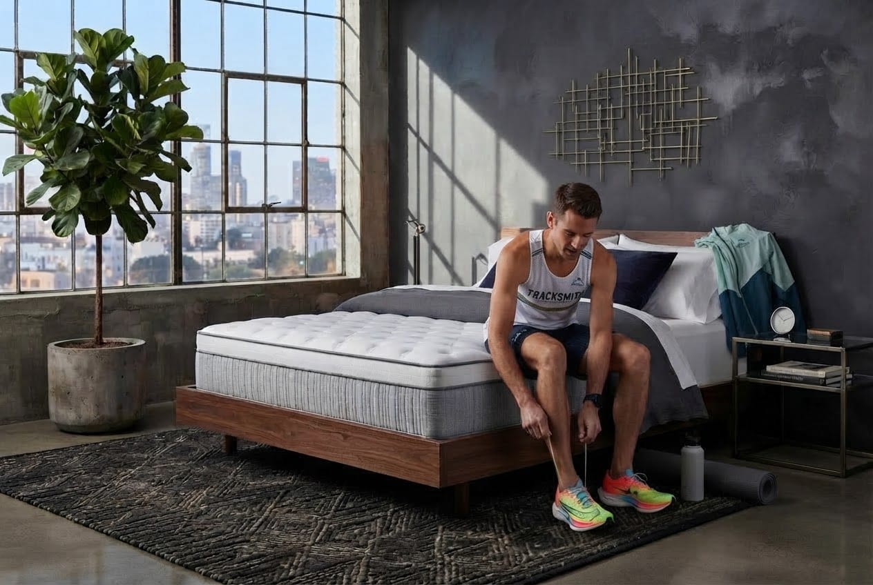 Runner sitting on the edge of the Grounding Mattress in a loft bedroom