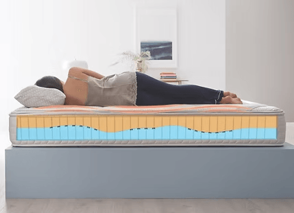 Athlete sleeping on her side on the Grounding Mattress, cross-section showing the foam layers