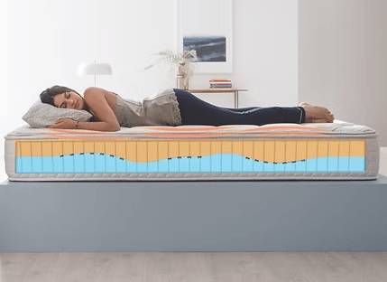 Athlete sleeping on her stomach on the Grounding Mattress, cross-section showing the foam layers